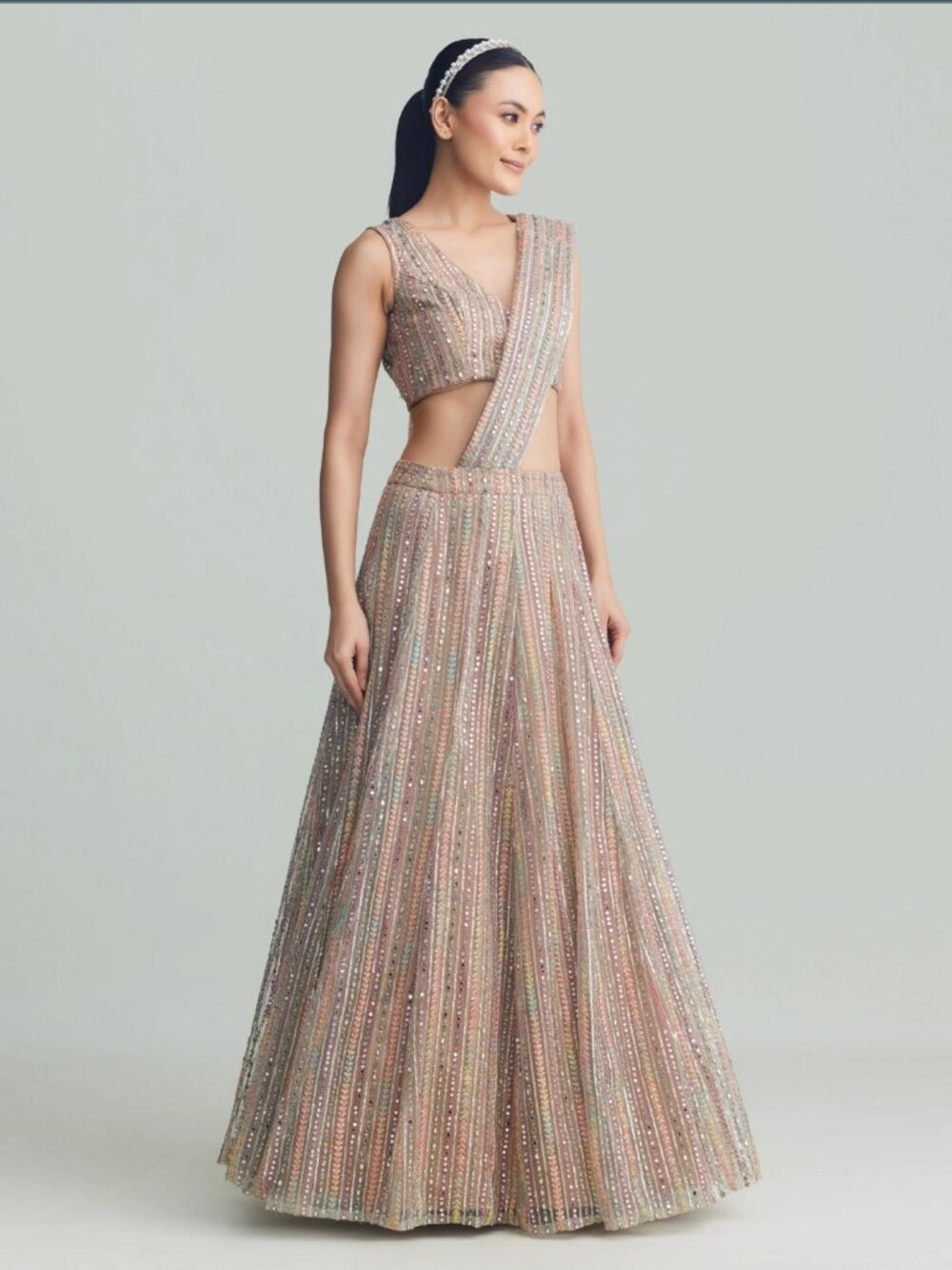 Holichic by Megha Rao Raya Lengha Size L Beige Pastel Mirror Work Lehenga 3-Piec
